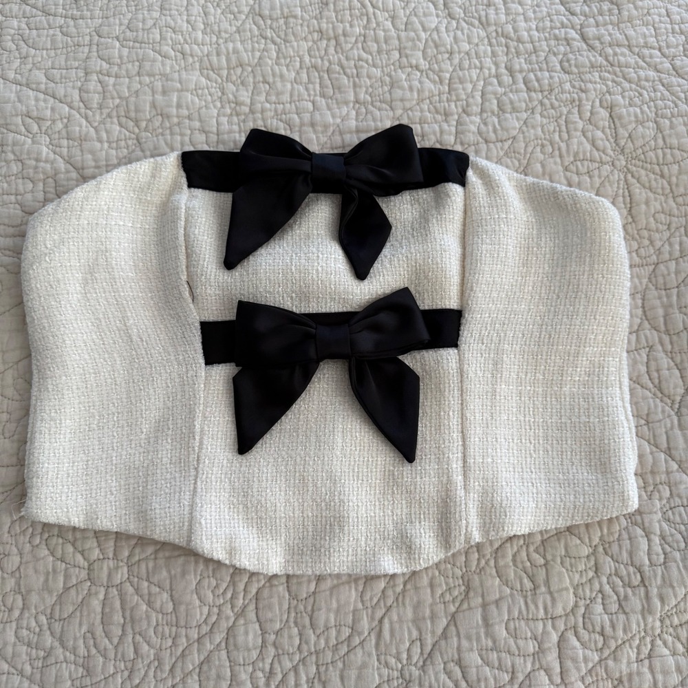 Showpo White Tweed Tube Top Black Bow Coquette Preppy Strapless Corset US 4
